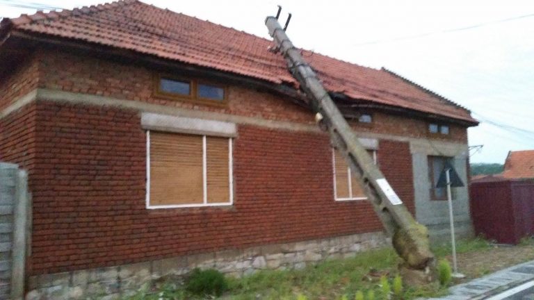 PRĂPĂD. Furtuna din județul Timiș a dezrădăcinat și… stâlpii de beton pentru curent electric FOTO