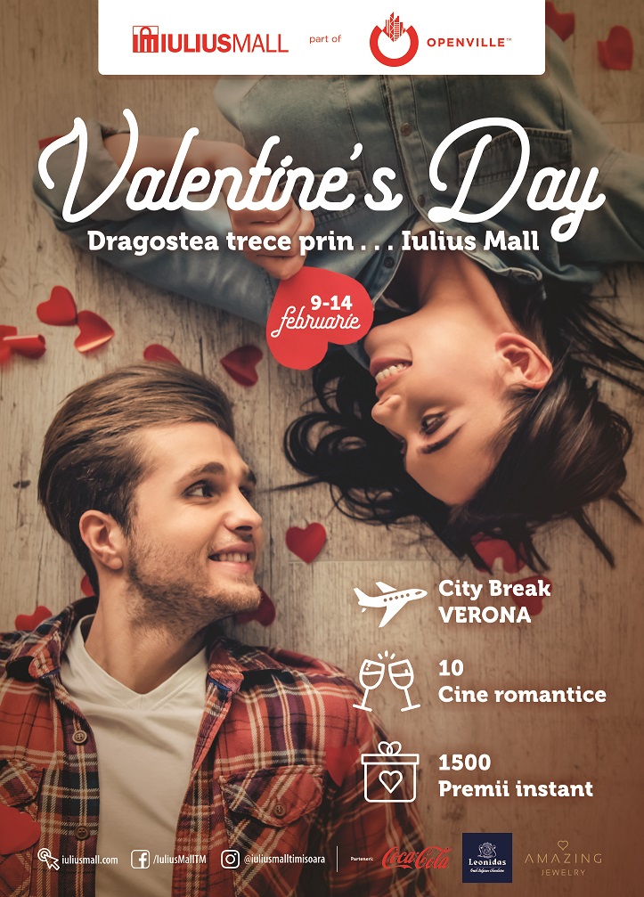 Vino la Iulius Mall să îți sărbătorești dragostea! Miercuri te așteaptă premii și multe surprize, iar vineri ești invitat la un concert Alina Eremia