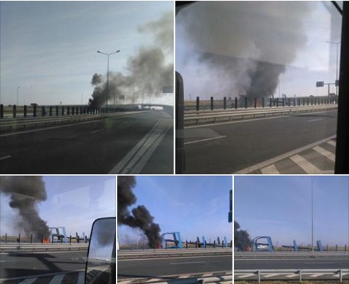 Camion în flăcări pe autostrada Arad-Timișoara