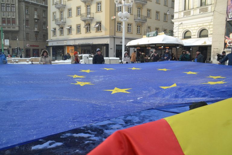 Steagul Europei, lung de peste 10 metri, a fost plimbat prin centrul Timișoarei – video