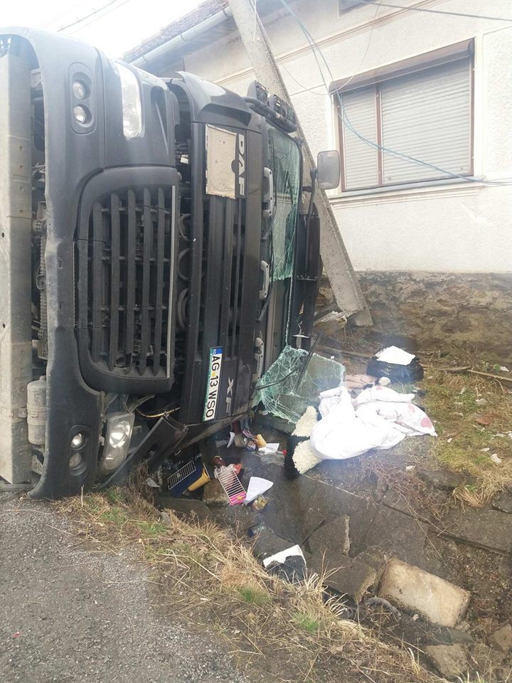 Un TIR cu porci a intrat într-un stâlp și s-a răsturnat pe Valea Bistrei – foto