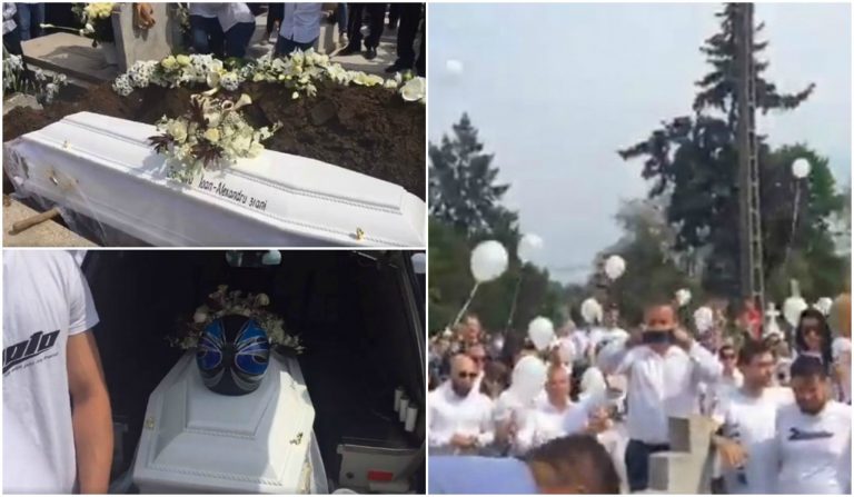 Video. O mare de oameni îmbrăcați în alb l-au condus pe ultimul drum. Baloane s-au înalțat la cer când sicriul cu trupul lui Alex a fost coborât în groapă