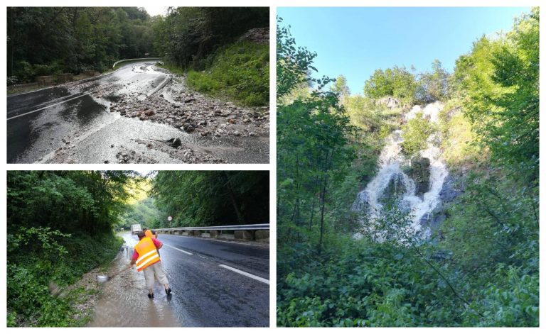 O cascadă creată de viituri în Caraş-Severin a ajuns pe drumul naţional