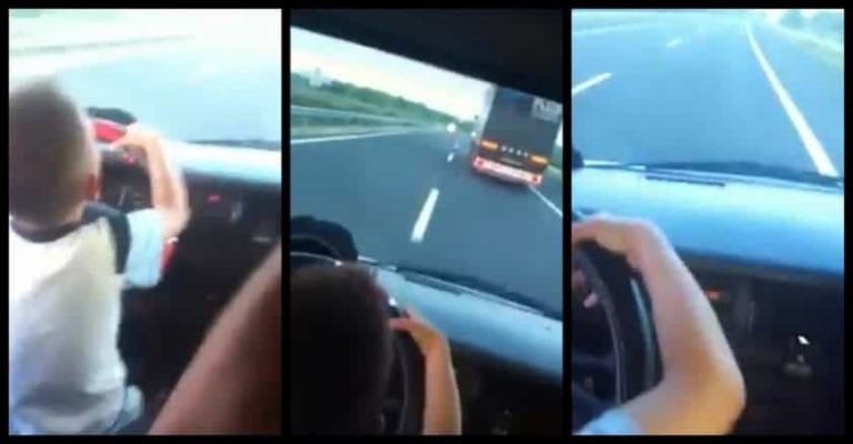 Video șocant. Copil de 7 ani, la volan, pe autostradă. Conduce cu peste 120 km/h și depășește un TIR