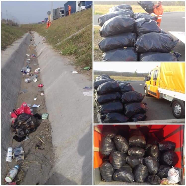 Nesimțirea șoferilor se vede pe autostradă! Zeci de saci de deșeuri adunați de drumari