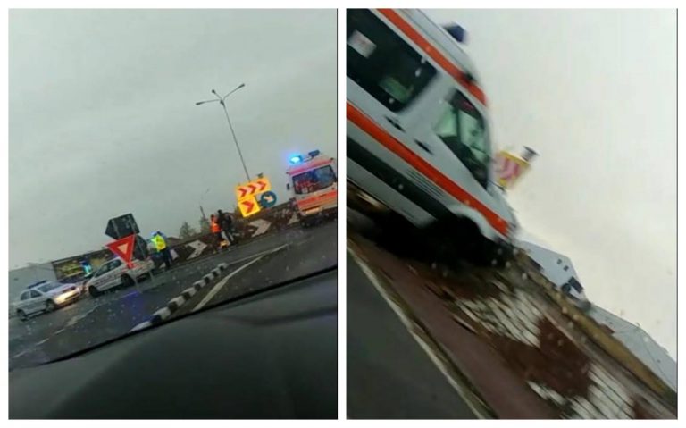 Ambulanță înfiptă în sensul giratoriu din Remetea Mare. Video