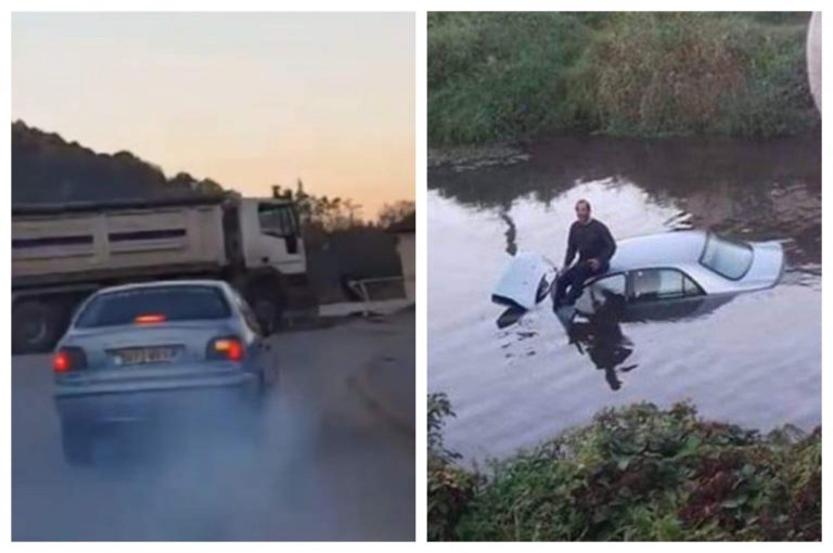 VIDEO. Accident spectaculos în Banat. Un șofer plonjează într-un canal după ce trece razant pe lângă doi oameni