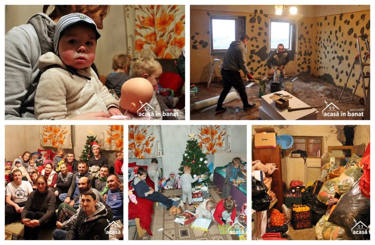 Casa părăsită unde se adăpostește o mamă și cei 8 copii ai săi, renovată de zeci de voluntari din Timiș. FOTO