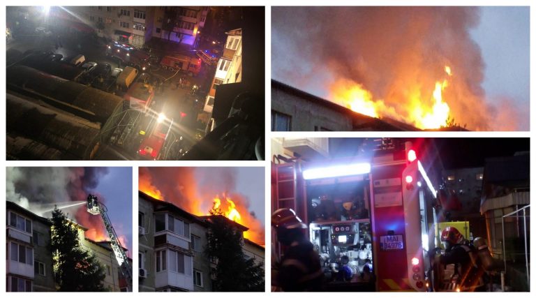 FOTO-VIDEO. Patru apartamente distruse de incendiul izbucnit la mansarda blocului din zona Girocului