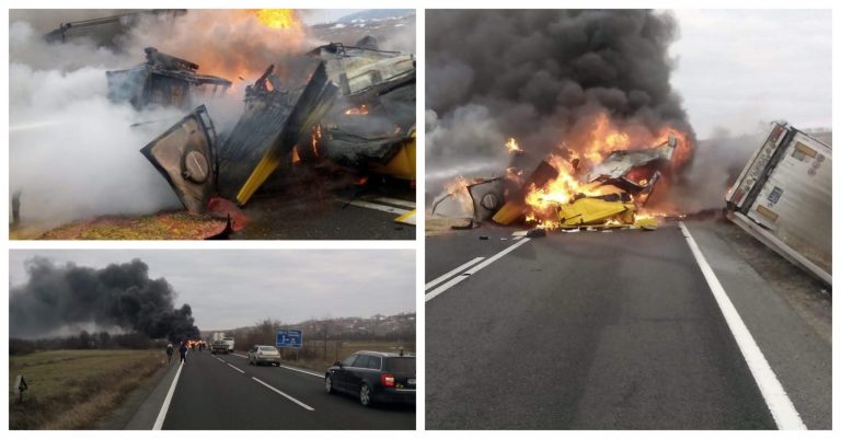 Doi morți după ce trei TIR-uri s-au ciocnit violent pe o șosea din Banat! Autotrenurile au luat foc! FOTO