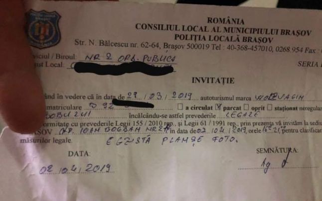Cum a ”ucis” un polițist local limba română, într-o notificare lăsată unui șofer ”Egzistă plamşe foto”