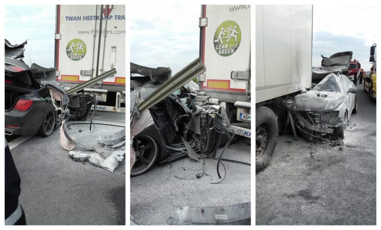 Accident urmat de incendiu pe autostrada A1! Se circulă îngreunat. FOTO
