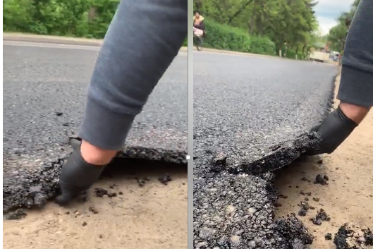 Lucrare în bătaie de joc. Asfaltul pe care se circulă deja se poate îndepărta cu mâinile goale VIDEO