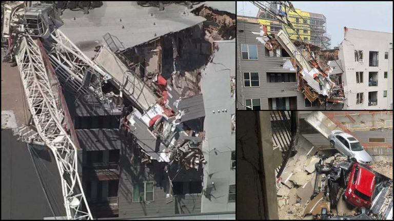 Momentul teribil în care o macara se prăbușește peste un bloc VIDEO