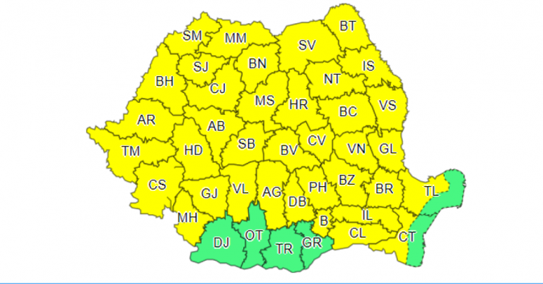 Cod galben de ploi torențiale, vijelii și grindină în aproape toată țara.  Județele vizate