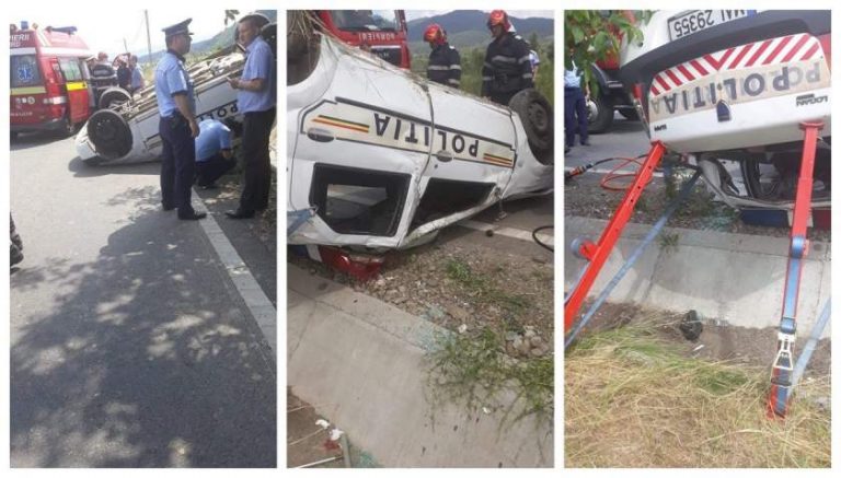 Maşină de poliţie răsturnată, după o urmărire ca în filme