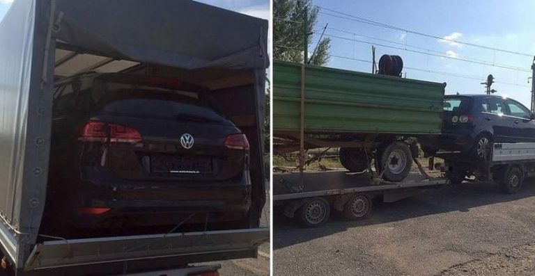 Caravană bizară de mașini tractate de către doi șoferi români, oprită în Ungaria VIDEO
