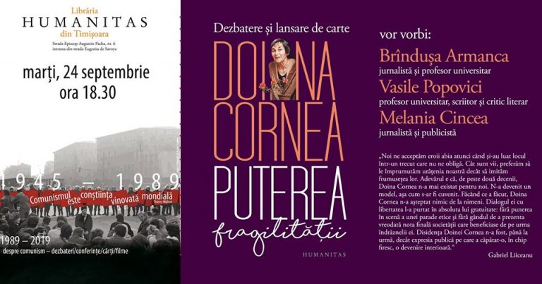 „Puterea fragilității”, volumul semnat de Doina Cornea, va fi lansat la Timișoara