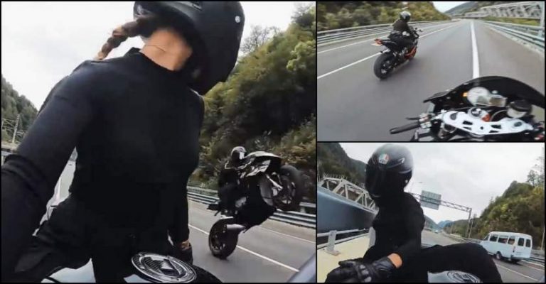 Momentul în care o motociclistă ratează un viraj şi se izbeşte cu peste 180 de km/oră de parapetele autostrăzii VIDEO