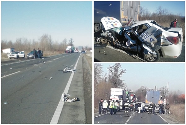Mașină de poliție, spulberată de TIR, în vestul țării. Două persoane, la spital