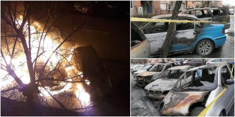Patru mașini au ars ca niște torțe în parcarea din fața unui bloc