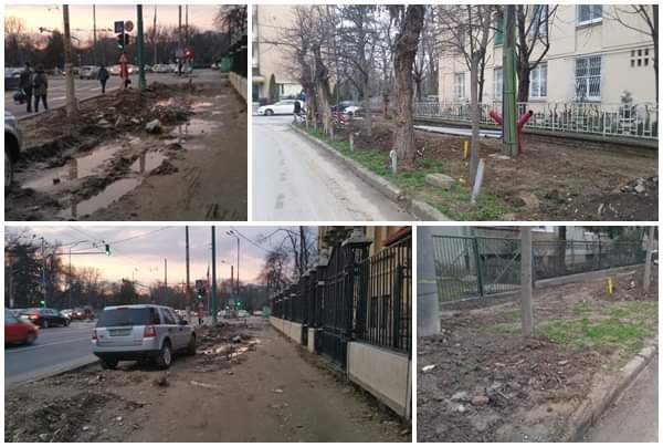 Trotuare sparte, mormane de noroi și pietoni pe carosabil