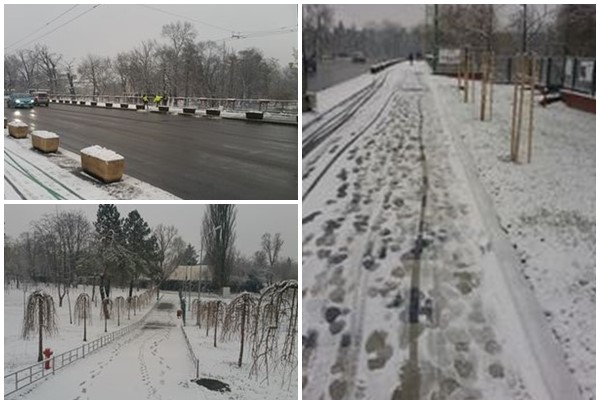 Trotuarele din Timișoara, acoperite de zăpadă. Muncitorii au ieșit la curățarea lor FOTO