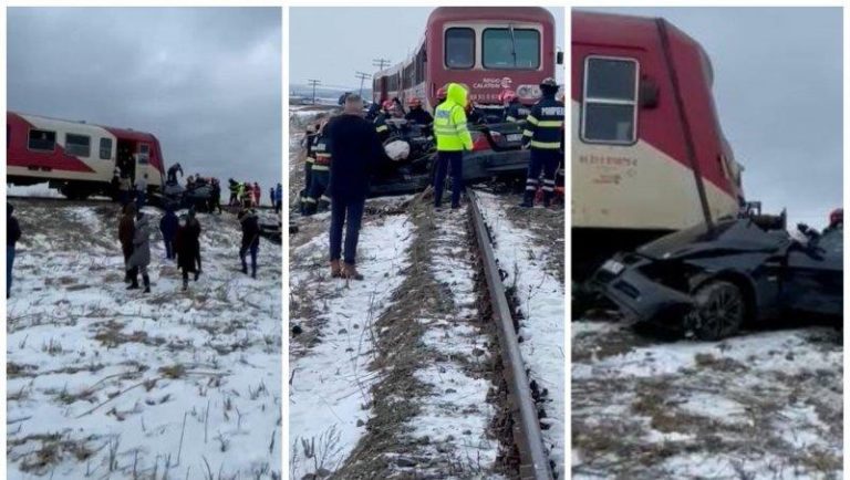 Imagini de la accidentul în care un băiat și o fată și-au pierdut viața. BMW în care se aflau a fost lovit de un tren de călători. VIDEO