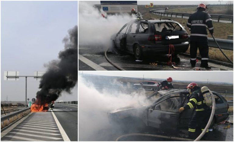 Mașină în flăcări, pe autostradă, în apropierea nodului rutier de la Belinț