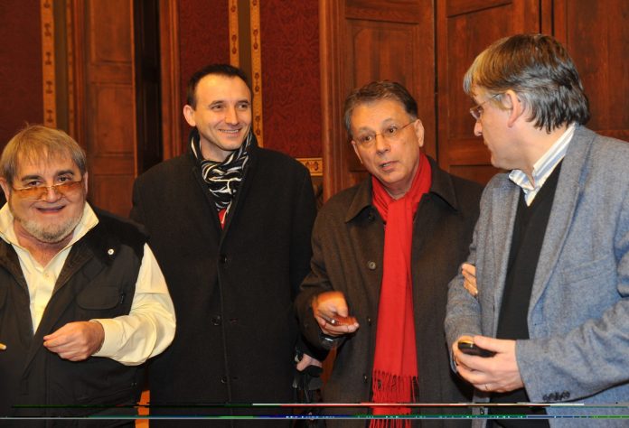 Serban Foarta, Robert Serban, Dorin Tudoran, Marcel Tolcea la decernarea Premiul Petre Stoica, Timisoara, 17 februarie 2011