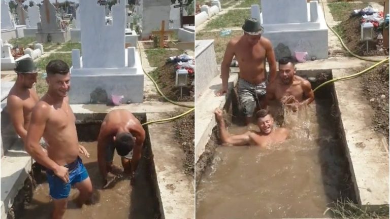 Ca să scape de căldură, trei bărbați s-au îmbăiat într-un cavou