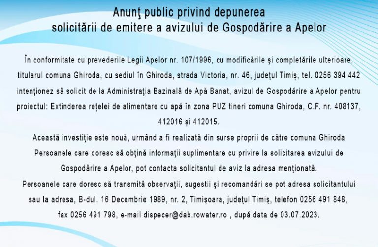 Anunţ public privind depunerea  solicitării de emitere a avizului de Gospodărire a Apelor