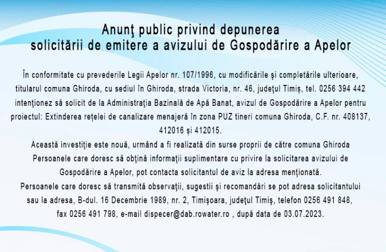 Anunţ public privind depunerea  solicitării de emitere a avizului de Gospodărire a Apelor
