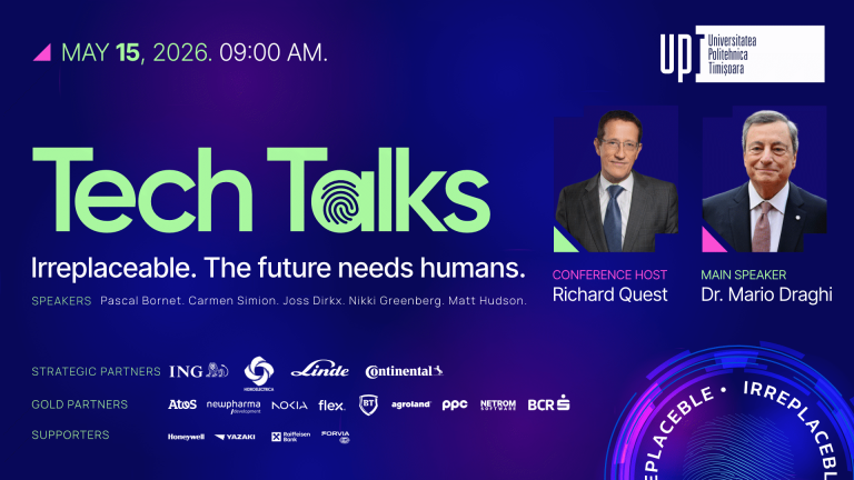 Mario Draghi la Timișoara, alături de alți lideri din zona de tehnologie, la Tech Talks by UPT 2026, cu tema „Irreplaceable. The future needs humans.”