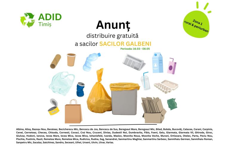 Continuă distribuția gratuită a sacilor galbeni  în 71 de localități din Timiș!