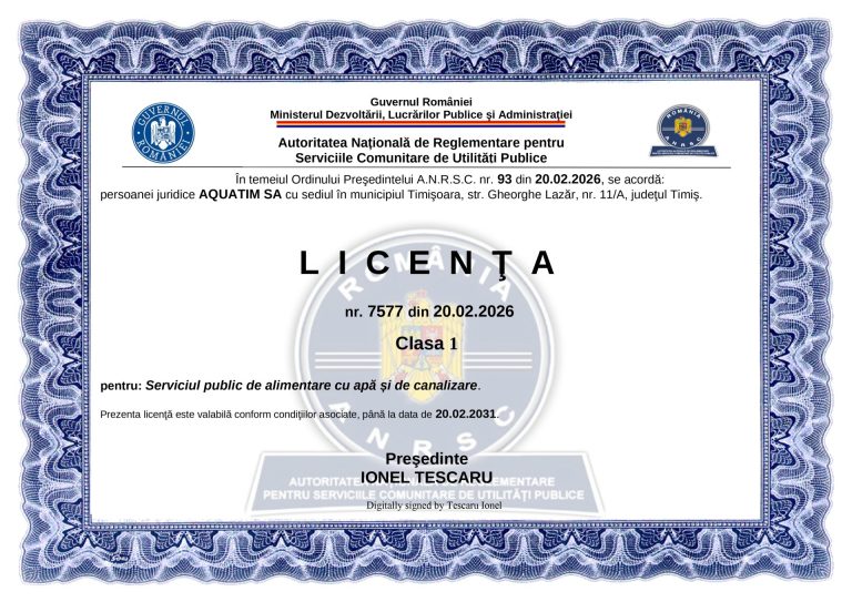 Aquatim obține reînnoirea licenței de operare clasa I pentru încă 5 ani