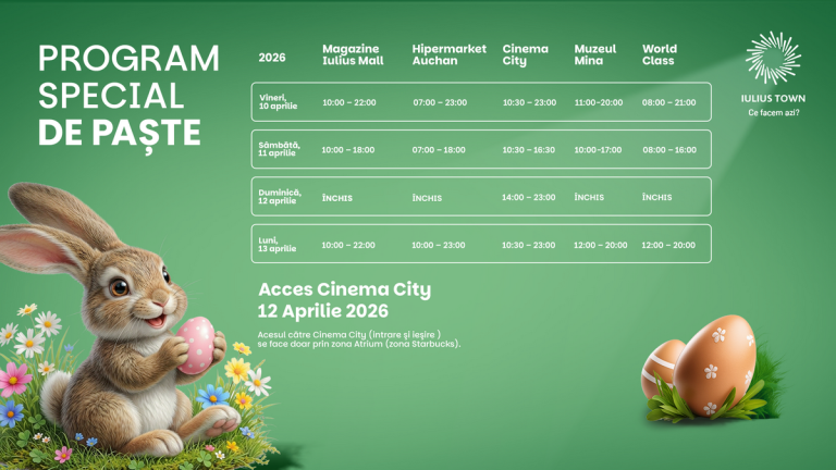 Program special la Iulius Town: Cinema City, deschis în prima zi de Paște, iar muzeul interactiv MINA, în a doua zi
