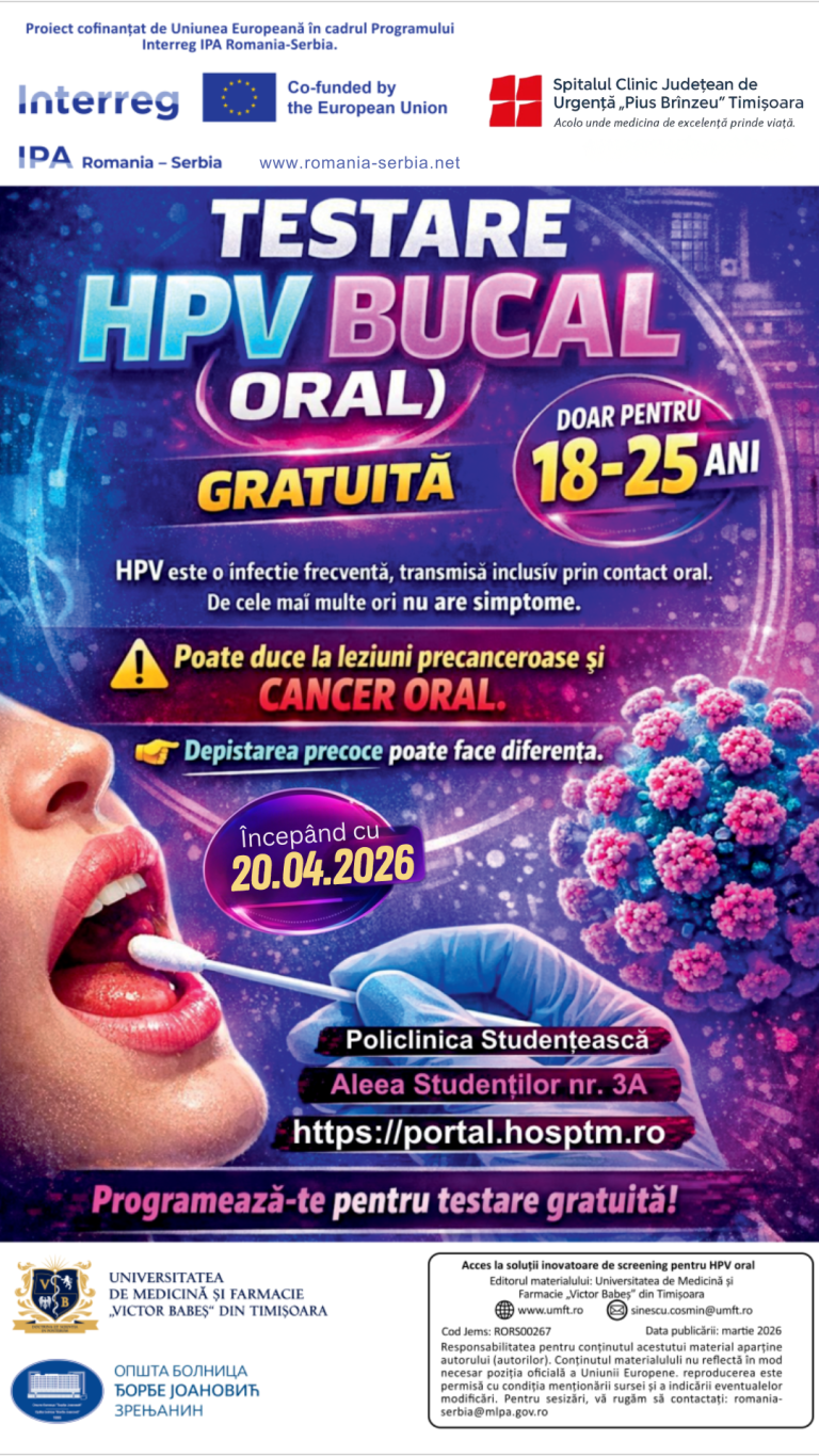Testare gratuită pentru HPV oral destinată tinerilor, la Ambulator de specialitate – Studenți (Policlinica Studențească) – Cabinet planificare familială